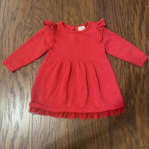 6-9 Months Cat & Jack Red Long Ruffle Sleeve Sweater Dress w Tulle Trim